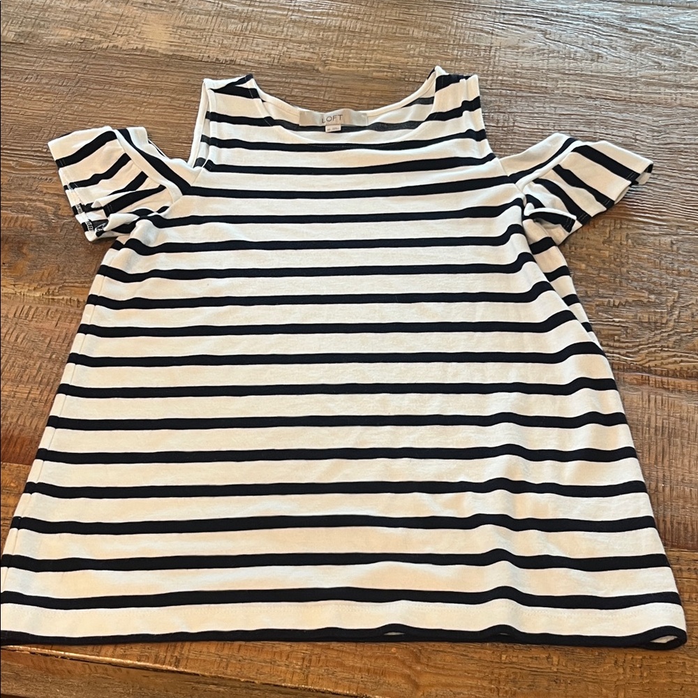 LOFT Navy and White Striped Cold Shoulder Blouse